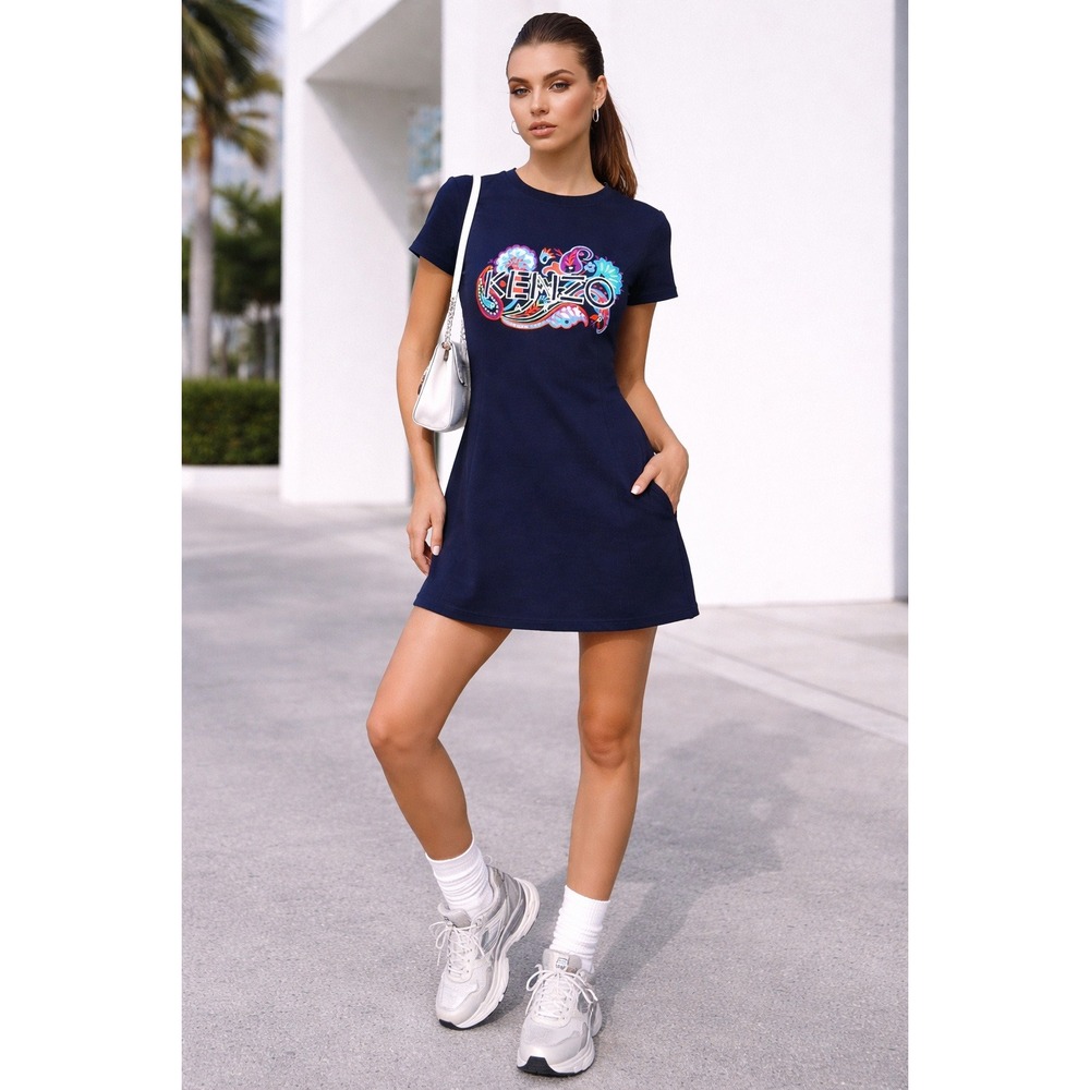 Kenzo Paisley Graphic‎ Embroidered Short Sleeve Mini Dress Navy Medium
